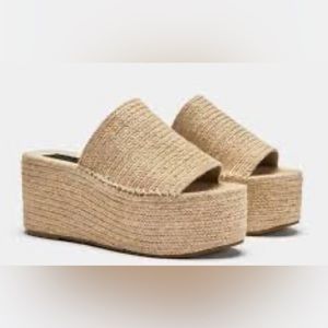 Zara Trafaluc, Ecru beige natural, Jute Wedges Platform Sandals Slides Mules
